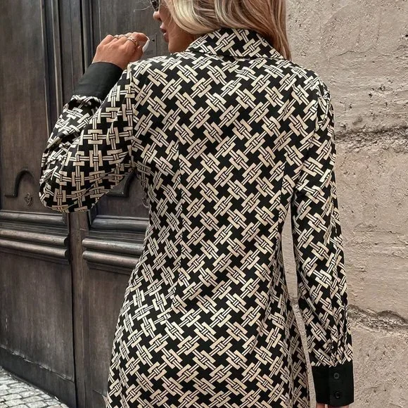 Multicolor Preppy Womens Allover Print Button Front Shirt Dress - Picture 2 of 5